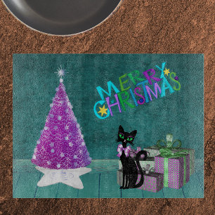 Planche À Découper Sapin de Noël rose Chat noir Cadeau emballé Sarcel