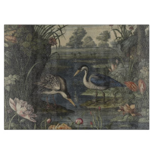 Planche À Découper Scène botanique de grue bleue près d'une rivière