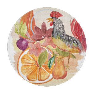 Planche À Découper Scène de campagne au coq rouge aquarelle peinte à