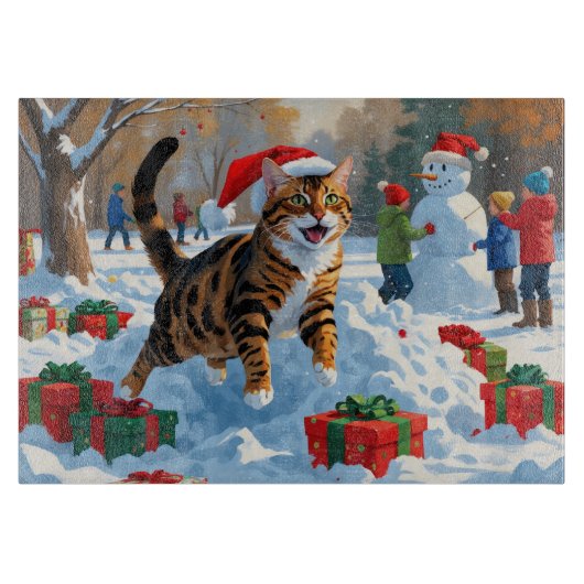 Planche À Découper Scène de neige festive de Noël avec chat Bengal (Devant)