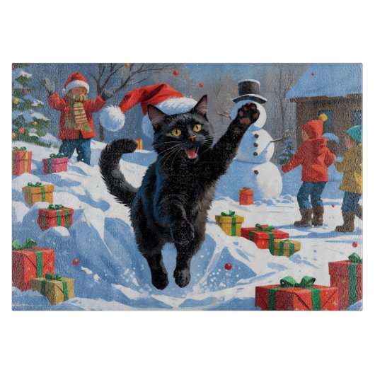 Planche À Découper Scène de neige festive de Noël Black Cat (Devant)