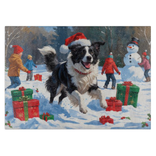 Planche À Découper Scène de Noël festive Border Collie dans la neige