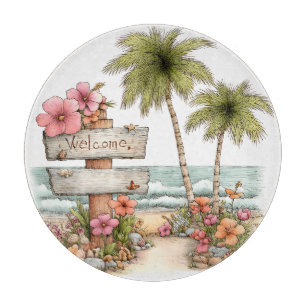 PLANCHE À DÉCOUPER SCÈNE DE PLAGE ESTIVALE AVEC FLEURS & PALMIERS