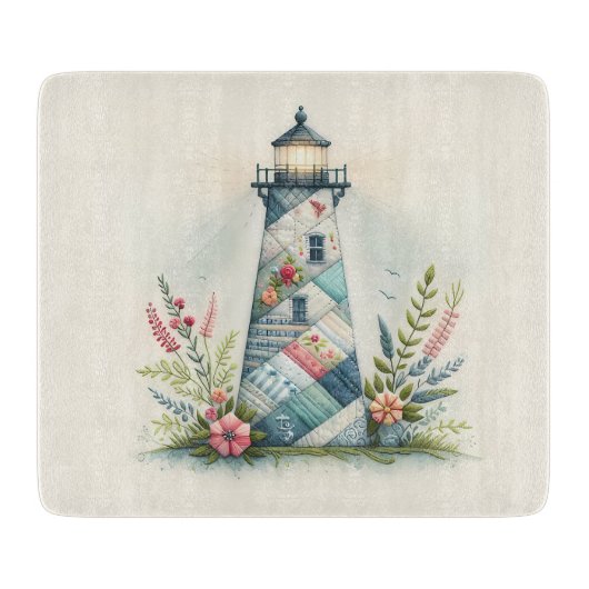Planche À Découper Scène florale côtière du phare patchwork (Devant)