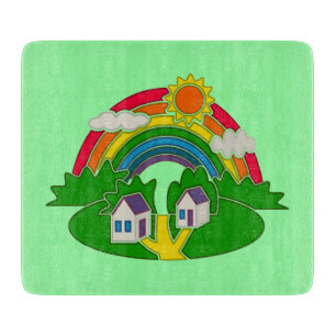 Planche À Découper Scène rurale avec arc-en-ciel et maison de campagn