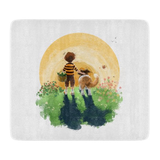 Planche À Découper Sheltie Dog and Boy Walk in Sunset (Devant)