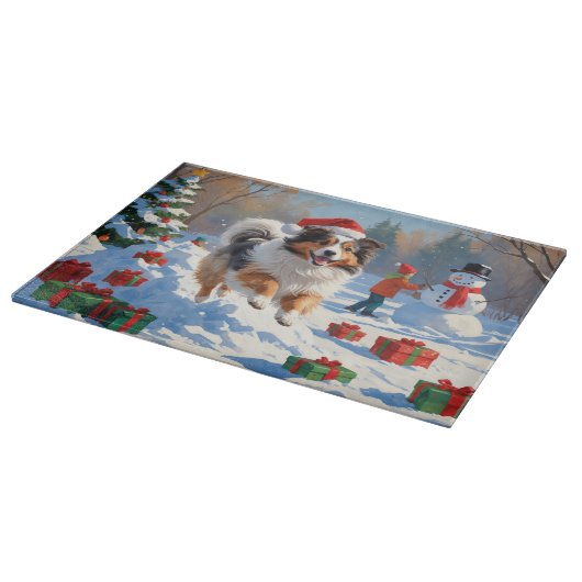 Planche À Découper Shetland Sheepdog Courir La Neige Avec Le Casquett (Coin)