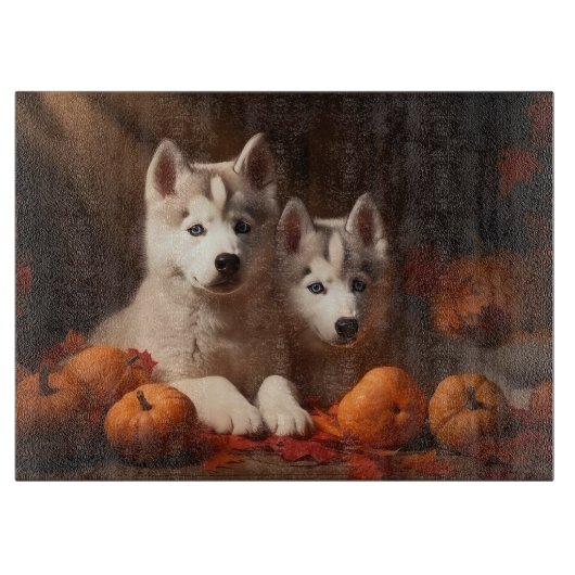 Planche À Découper Sibérie Husky Puppy Citrouille d'automne (Devant)