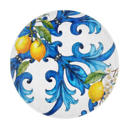 Planche À Découper sicilien, été, citron, mosaïque, bleu (Devant)
