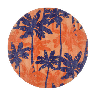 Planche À Découper Silhouette de palmier bleu, arrière - plan orange