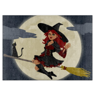 Planche À Découper Sorcière volante avec chat noir et la lune