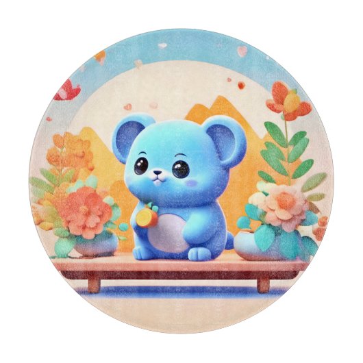 Planche À Découper Souris bleu mignonne avec fleurs (Devant)