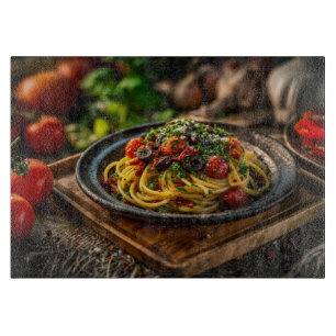Planche À Découper Spaghetti Puttanesca avec tomates fraîches et oliv