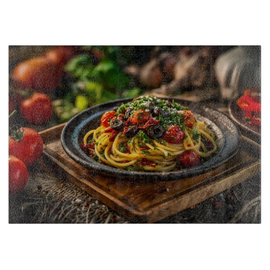 Planche À Découper Spaghetti Puttanesca avec tomates fraîches et oliv (Devant)
