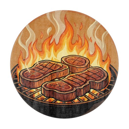 Planche À Découper Steaks grillés flammes BBQ (Devant)