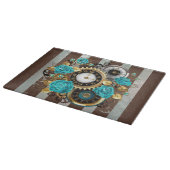 Planche À Découper Steampunk Clock and Turquoise Roses on Striped (Coin)
