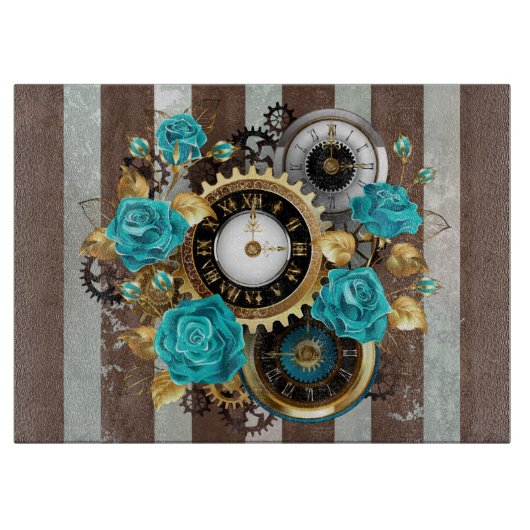 Planche À Découper Steampunk Clock and Turquoise Roses on Striped (Devant)