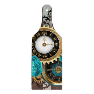 Planche À Découper Steampunk Clock and Turquoise Roses on Striped