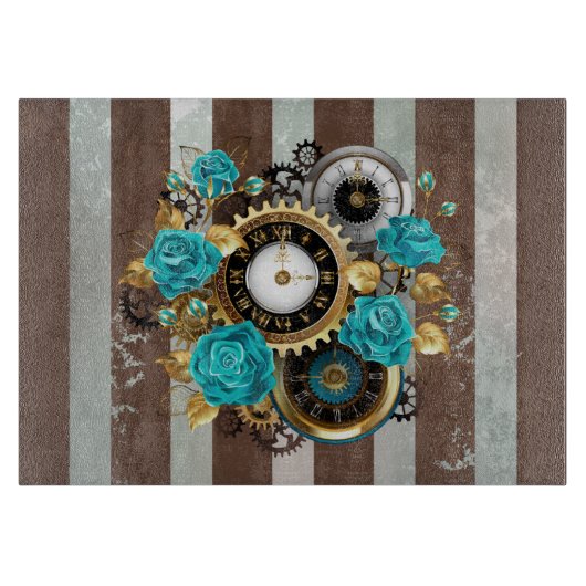 Planche À Découper Steampunk Clock and Turquoise Roses on Striped (Devant)