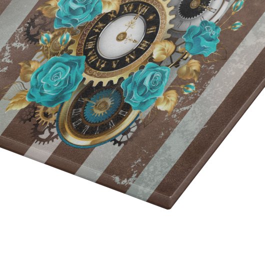 Planche À Découper Steampunk Clock and Turquoise Roses on Striped (Coin)