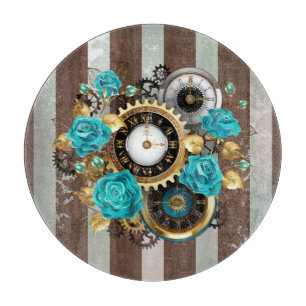 Planche À Découper Steampunk Clock and Turquoise Roses on Striped
