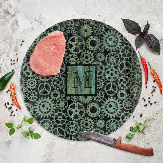 Planche À Découper Steampunk Verdigris bronze engrenages Monogramme