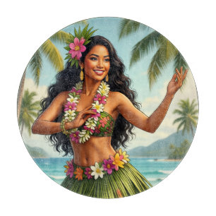 Planche À Découper Style Vintage Fille Hula Hawaïen Voyage