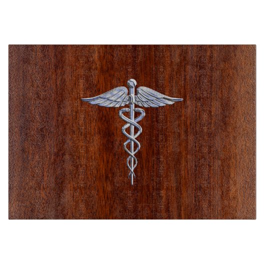Planche À Découper Symbole Médicale Silver Caduceus Décor en acajou (Devant)