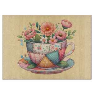 Planche À Découper Tasse à thé patchwork aux fleurs fantaisistes