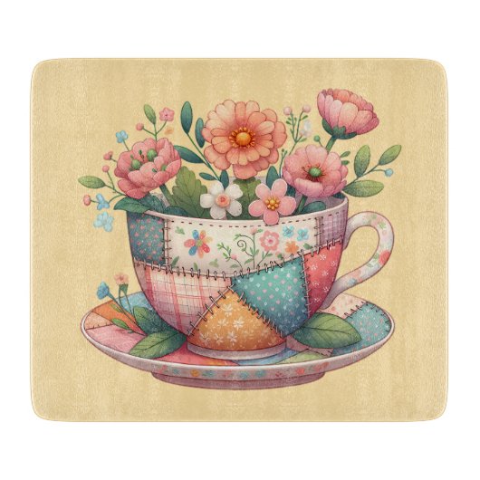 Planche À Découper Teacup Patchwork avec Fleurs Whimsical (Devant)