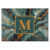 Planche À Découper Teal Marble with Gold and Black Veins Monogram (Devant)