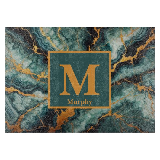 Planche À Découper Teal Marble with Gold and Black Veins Monogram (Devant)