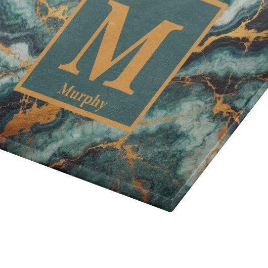Planche À Découper Teal Marble with Gold and Black Veins Monogram (Coin)
