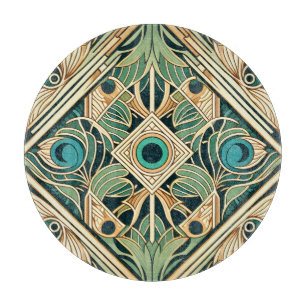 Planche À Découper Texture des plumes abstraites or et vert paon