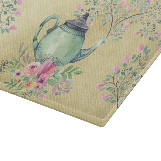 Planche À Découper Théière d'aquarelle et or élégants de fleurs (Coin)