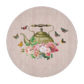 Planche À Découper Théière Fête Rose Fleurs et Papillons (Devant)