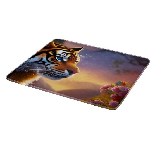 Planche À Découper Tigre bleu et fleurs roses (Coin)