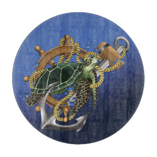 Planche À Découper Tortue de mer nautique Ancre Roue de navire Bleu