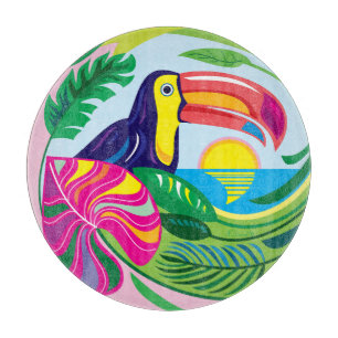Planche À Découper Toucan et feuilles tropicales