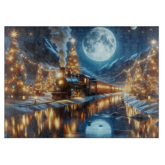 Planche À Découper Train de Noël sous la lumière de la lune (Devant)