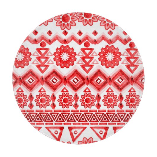 Planche À Découper Tribus rouge, motif ethnique aquarelle. (Devant)