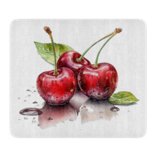 Planche À Découper Trio de cerises fraîches en aquarelle