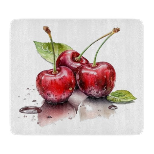 Planche À Découper Trio de cerises fraîches en aquarelle (Devant)