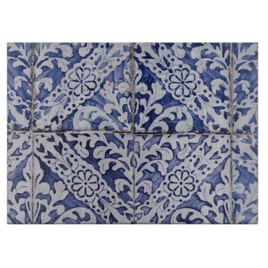 Planche À Découper Tuiles portugaises - Azulejo Floral bleu et blanc (Devant)