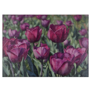 Planche À Découper Tulipes Violettes Fleurs Art Floral Verre