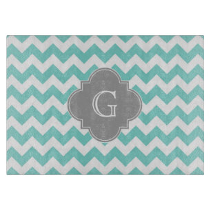 Planche À Découper Turq / Aqua Blanc Chevron Gris Quatrefeuille Monog