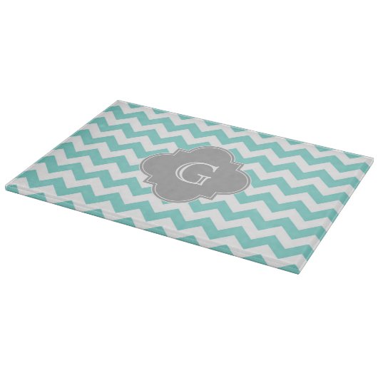 Planche À Découper Turq/Aqua White Chevron Gray Quatrefoil monogram (Coin)