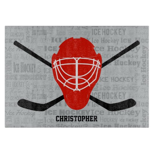 Planche À Découper Typographie rouge de casque et de bâtons de hockey (Devant)