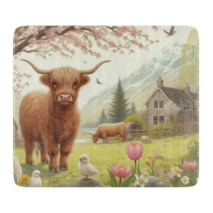 Planche À Découper Vache des hautes terres mignonne, florale/printani