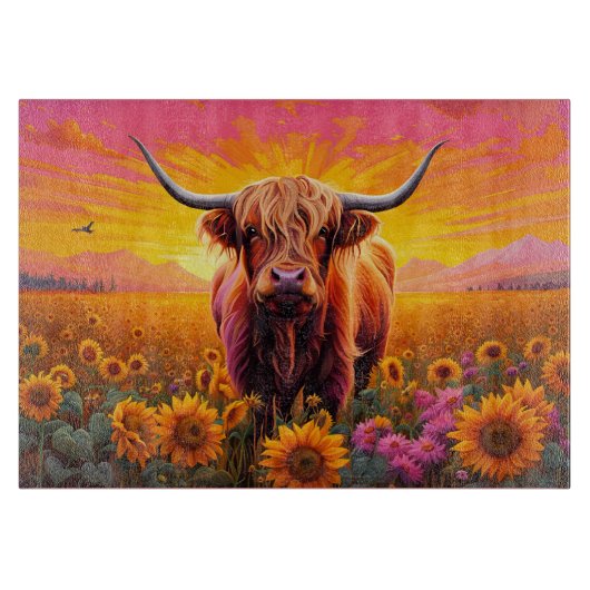 Planche À Découper Vache Highland dans les tournesols à Sunrise (Devant)